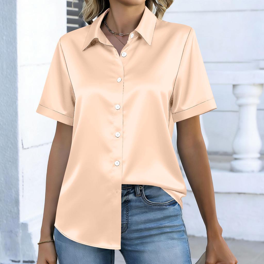 Women Short Sleeve Satin Button Down Shirt Casual Notched Collar Loose Fit Blouse Top