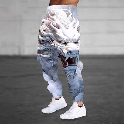 Men's  Print Jogger Pants with White and Gray Chinese Dragon Design, Streetwear Casual Sweatpants