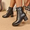Fashion Sexy Metal Decoration Solid Black Pu Boots Women Pointed Toe High Heel Side Zipper Ankle Boots Fashion Warm Short Plush Shoes