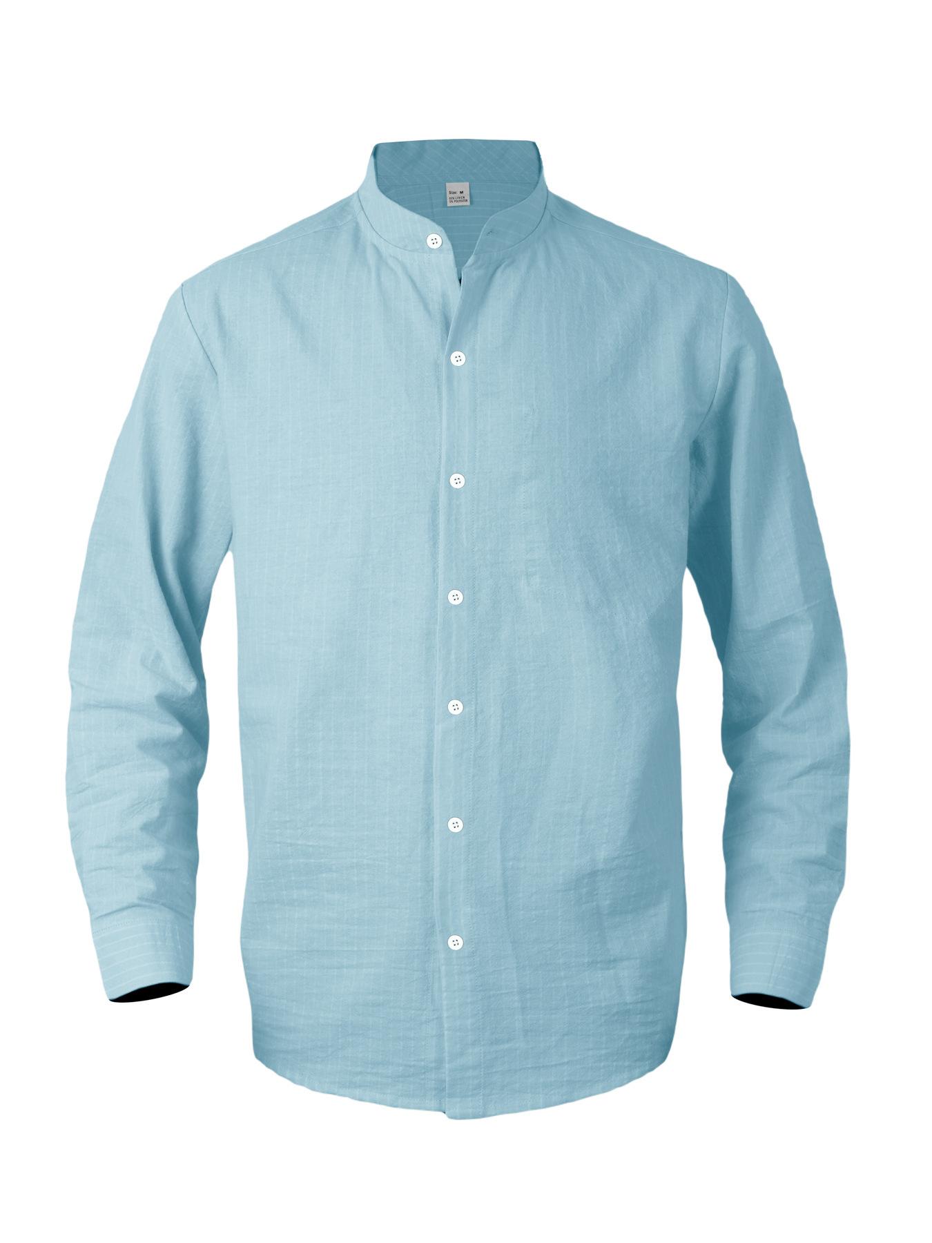 Men Striped Long Sleeve Stand Collar Casual Business Linen Shirt S синий