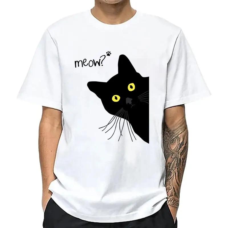 Herren T-Shirt 100% Baumwolle Sommer Meow Schwarzer Katzenaufdruck Herren T-Shirt Lässig Locker Rundhals Herren T-Shirt Kurzarm T-Shirt Herren T-Shirts