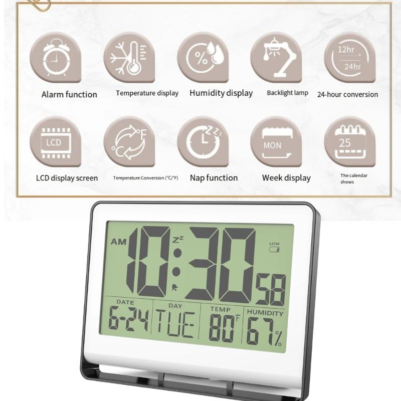 Wall Moutable Tabletop Digital Alarm Clock Large Screen LCD Temperature Hygrometer Display Backlight Battery Powered