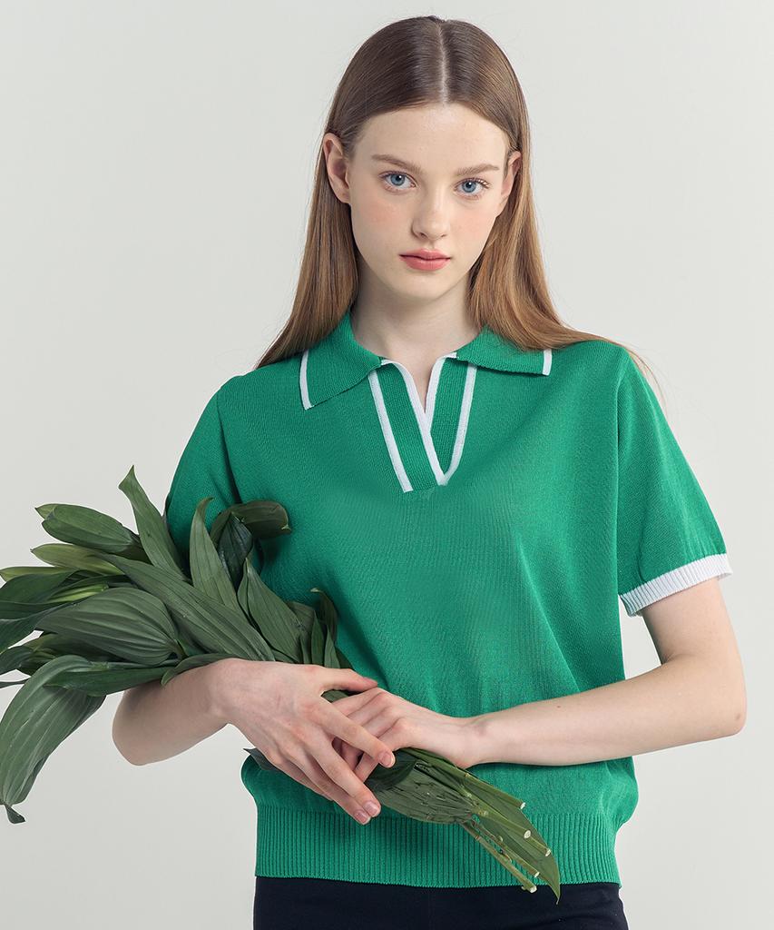 BLOND9 Cool Coloration Collared Short Sleeve Knit_Green