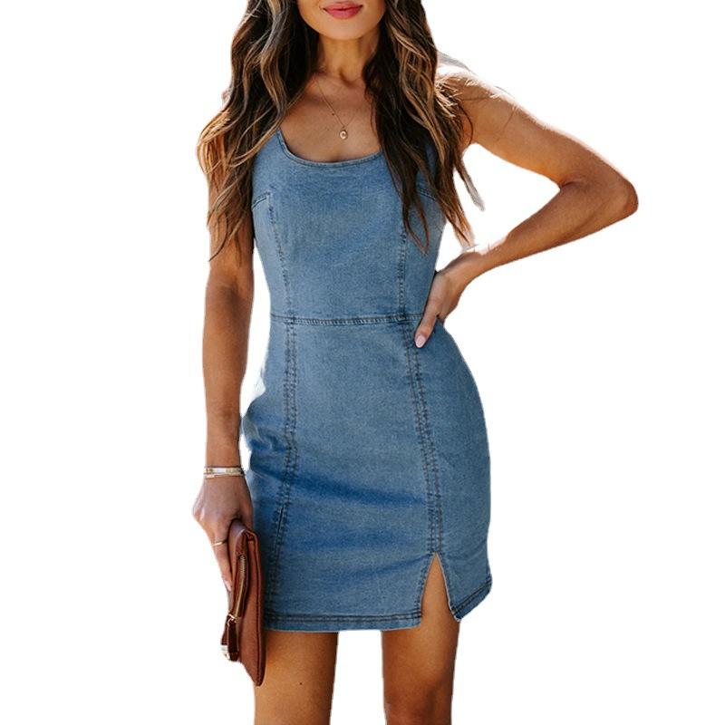 Vestido Vaquero Sexy de Verano para Mujer - Minivestido Bodycon sin Espalda con Abertura Alta, Falda Corta Ajustada sin Mangas