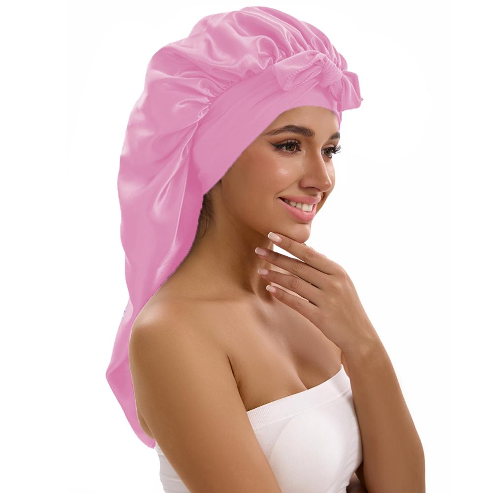 1/2/3pcs Satin Sleep Caps with Ribbon Tie - Black & Pink Polyester Night Hats for Long Hair Casual and Stylish Design