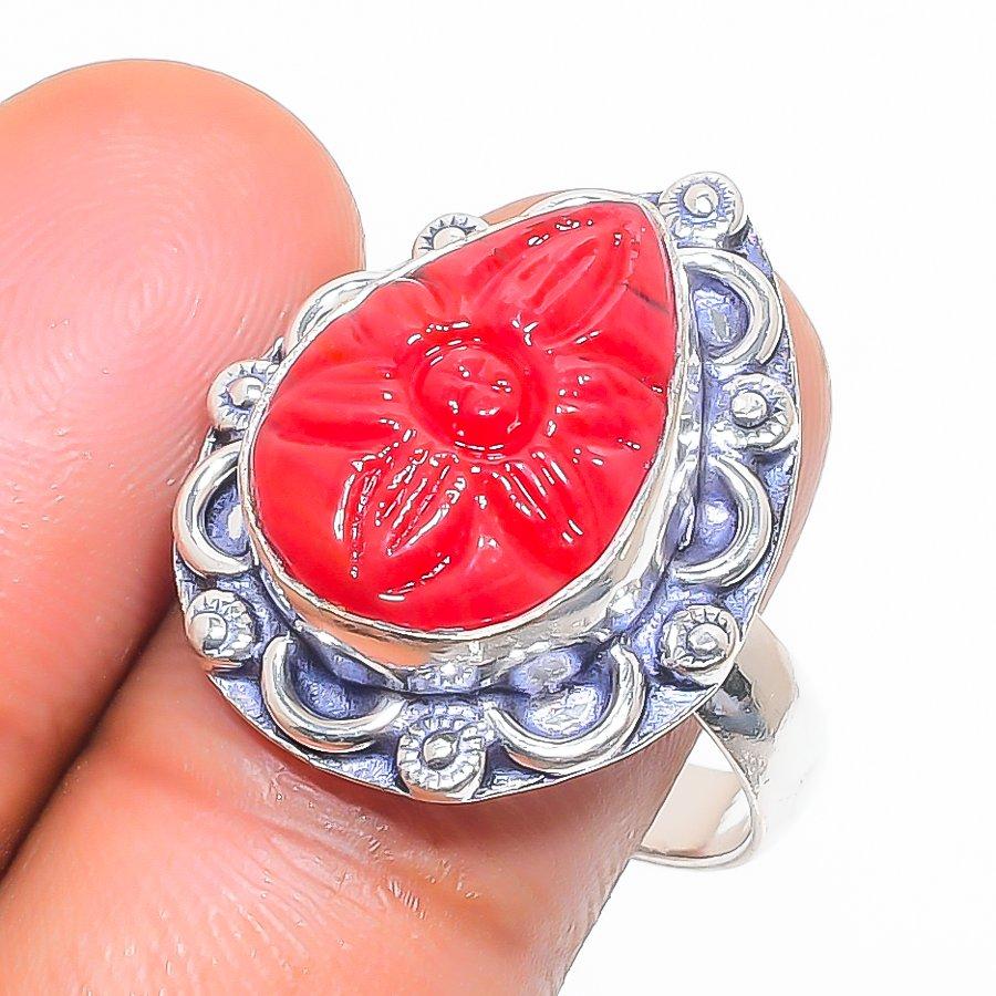 

Natural Italian Red Coral Gemstone 925 Sterling Silver Jewelry Ring Size 8 A8T73