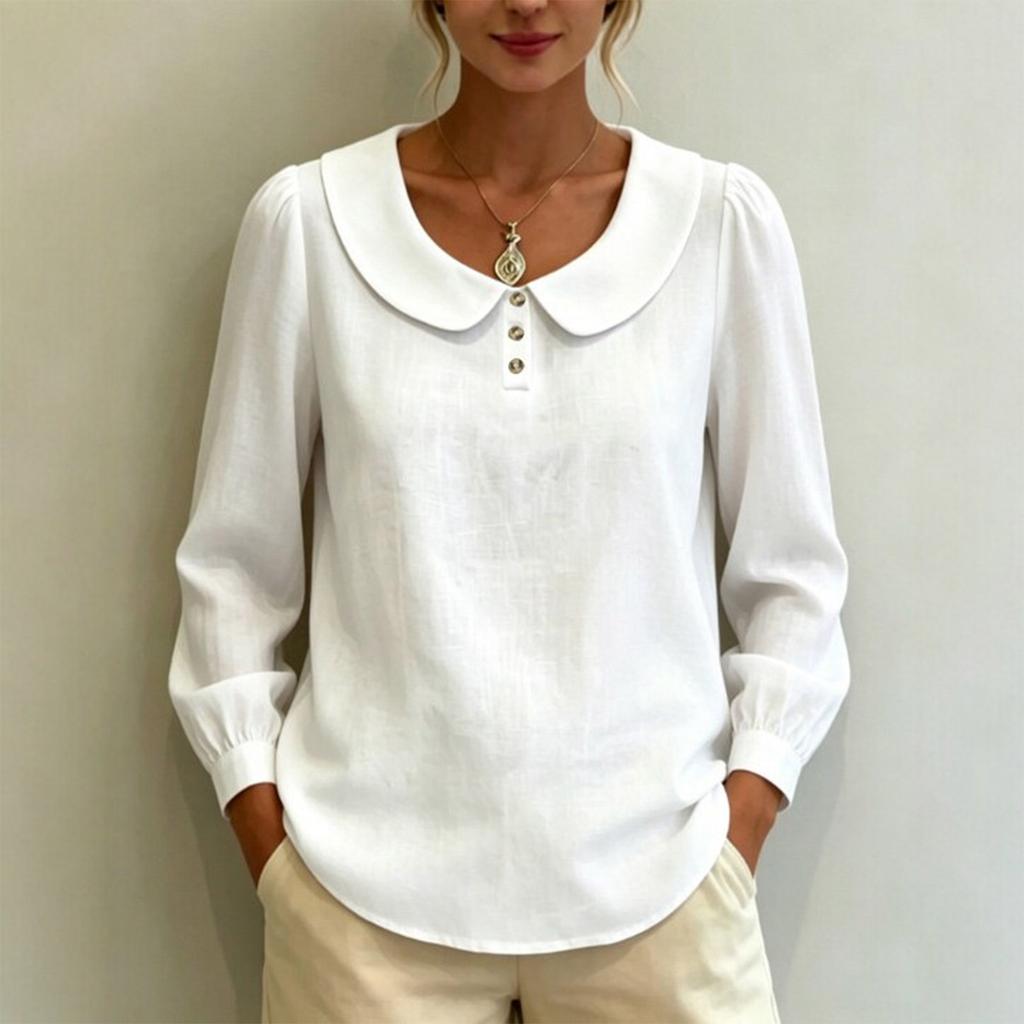 Women Long Sleeve Blouse Loose Fit Peter Pan Collar Shirt Breathable Puff Sleeve Top Casual Workwear