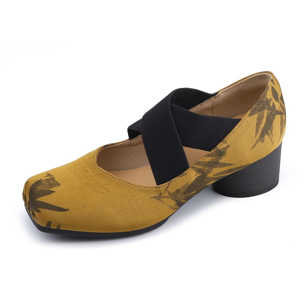 Autumn new high-heeled single shoes women's 2025 temperament square head women's shoes wear high-end cross-belt national style ballet shoes