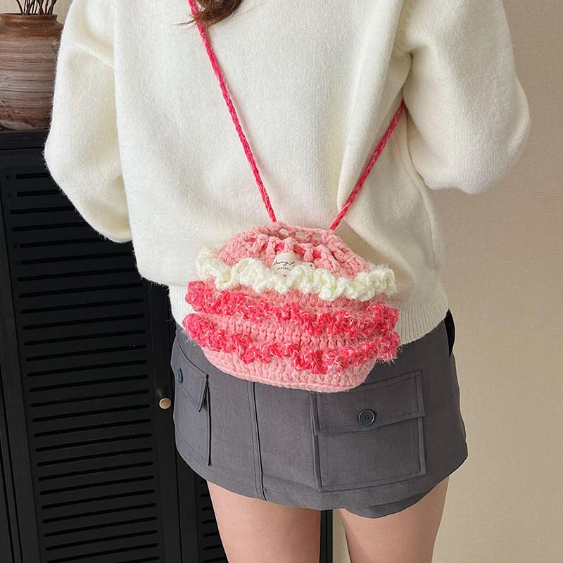 Cotton Linen Knitting Water Bucket Style Shoulder Bag For Kids And Teens