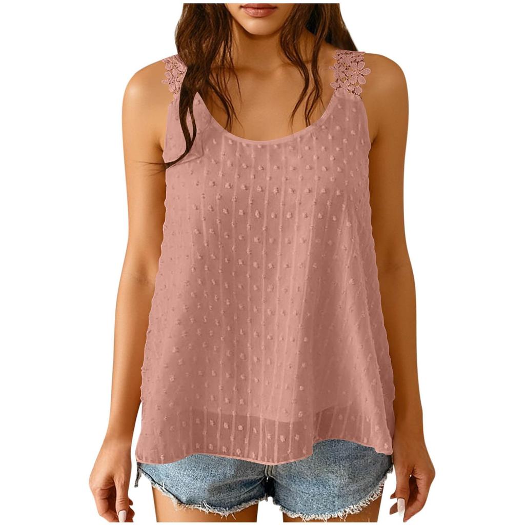 Women's Fashion Color Round Neck Summer Lace Lace Lace Sleeveless Loose Tank Top