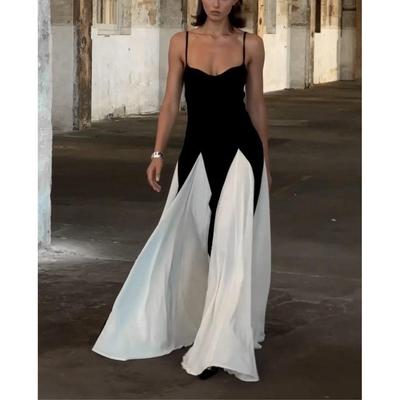 Europäisches & Amerikanisches Sexy Damen Colorblock Patchwork Off-Shoulder Träger Print Enganliegend Langes Kleid