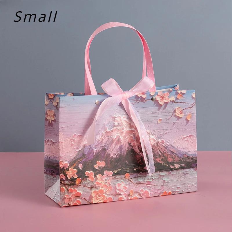 Snow Mountain Cherry Blossom Gift Bag, Exquisite Cosmetics Handbag, Bow Packaging Shopping Bag