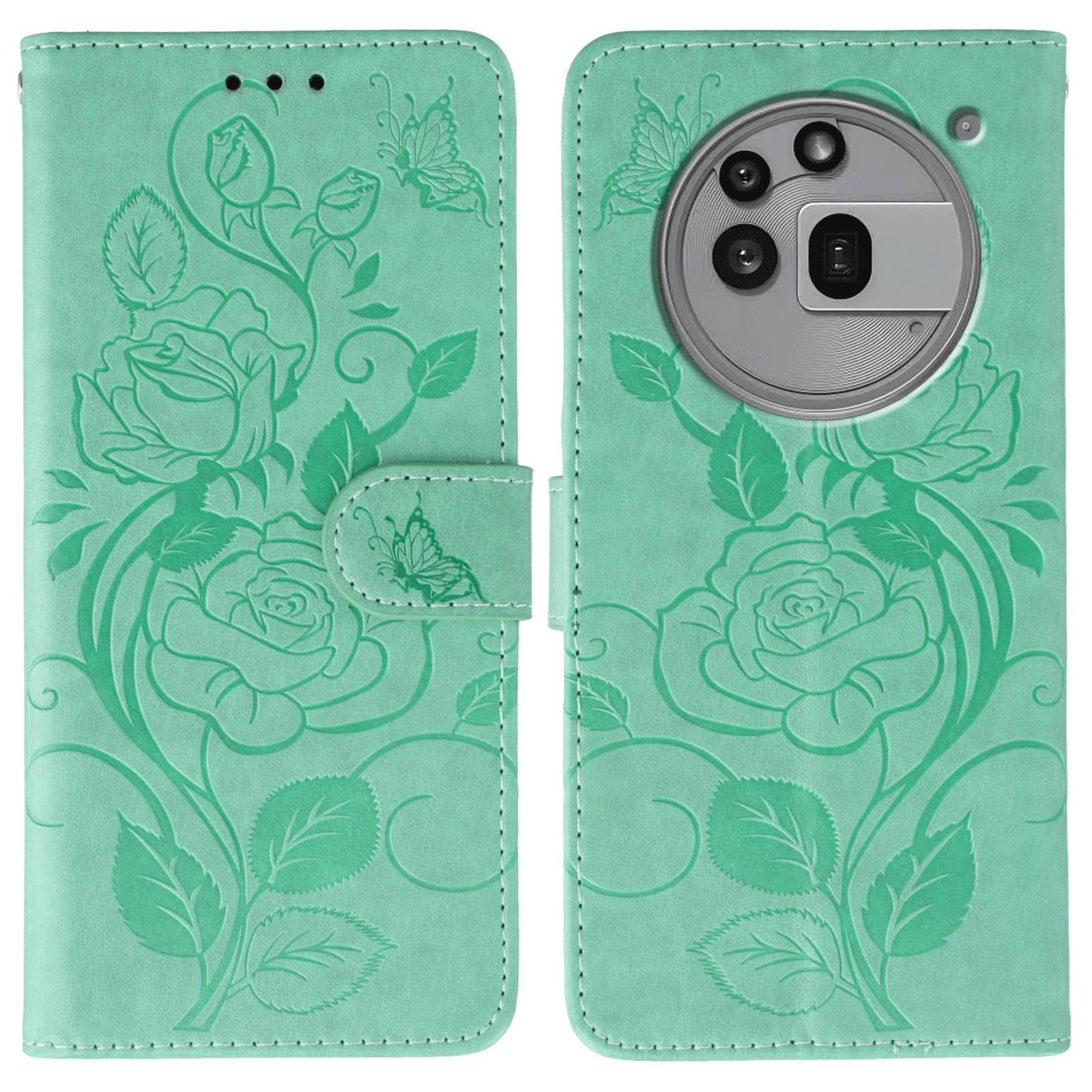 

For Nothing Phone (3a) Pro Case Wallet Stand Imprinted Rose Butterfly PU Leather Phone Cover Green