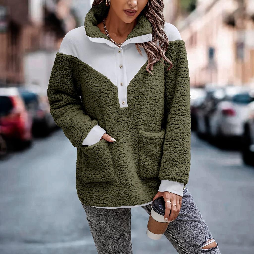 Women's Large Button Down Contrast Puffy Fleece Sweatshirt With Pockets