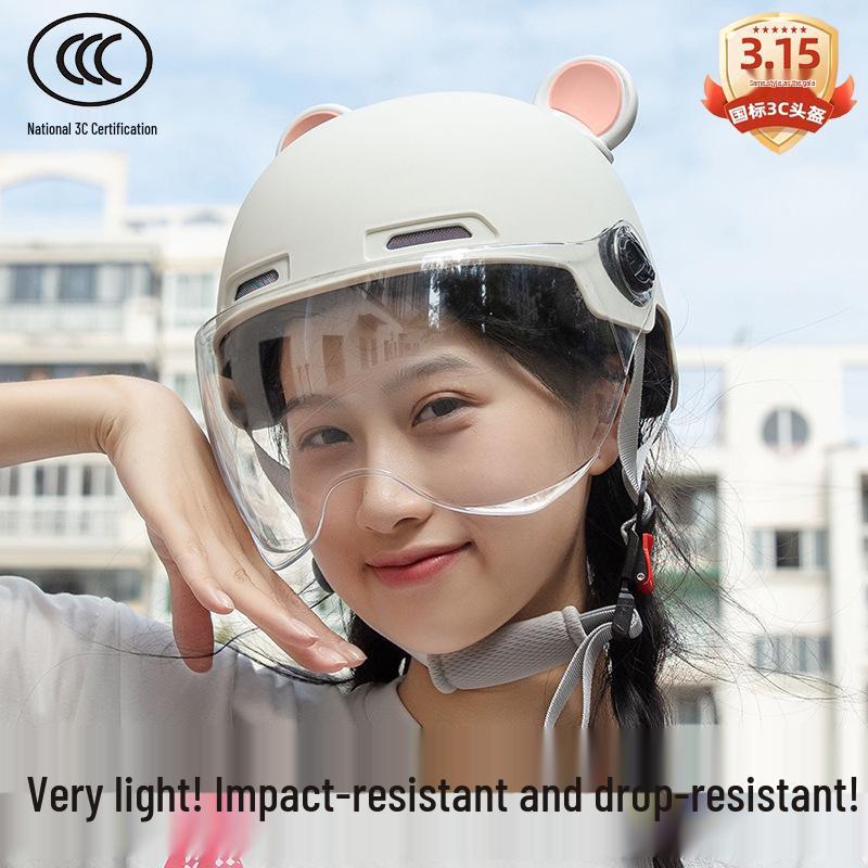 New Class A 3C Certified Electric Motorcycle Helmet with Bear Ears - Unisex Half Helmet for Summer Safety