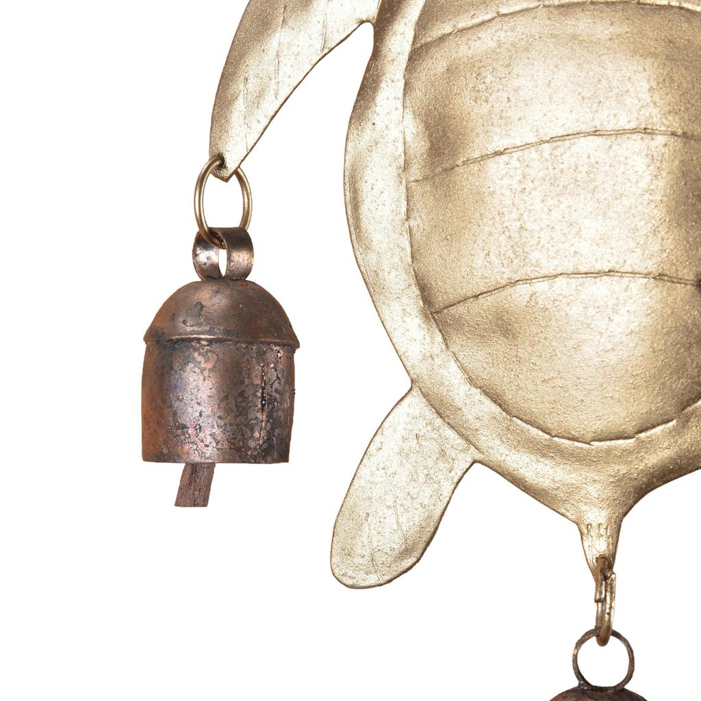 Handmade Sea Turtle Wind Chime, Golden Bronze Metal Bell, Coastal Garden Porch Ornament, Artisan Crafted Patio Decoration, 10 Inch, Pack 1