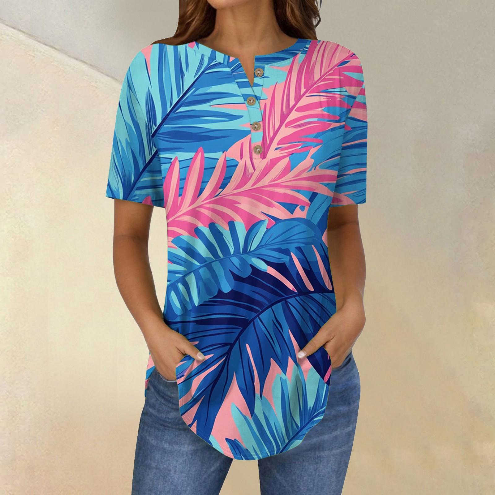 

Короткие рукава женские топы летние футболки цветочный принт V-образный вырез повседневные базовые футболки рубашки на пуговицах туники S синий