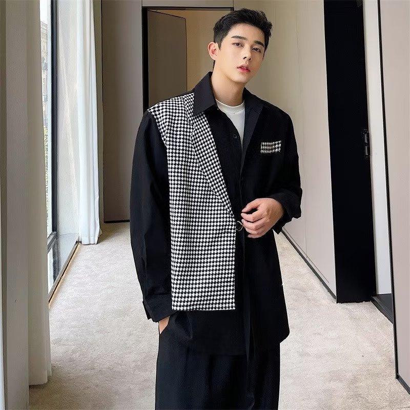 Korean Style Color Block Suit Collar Two-Piece Design Shirt for Men - Niche Hairstylist Top