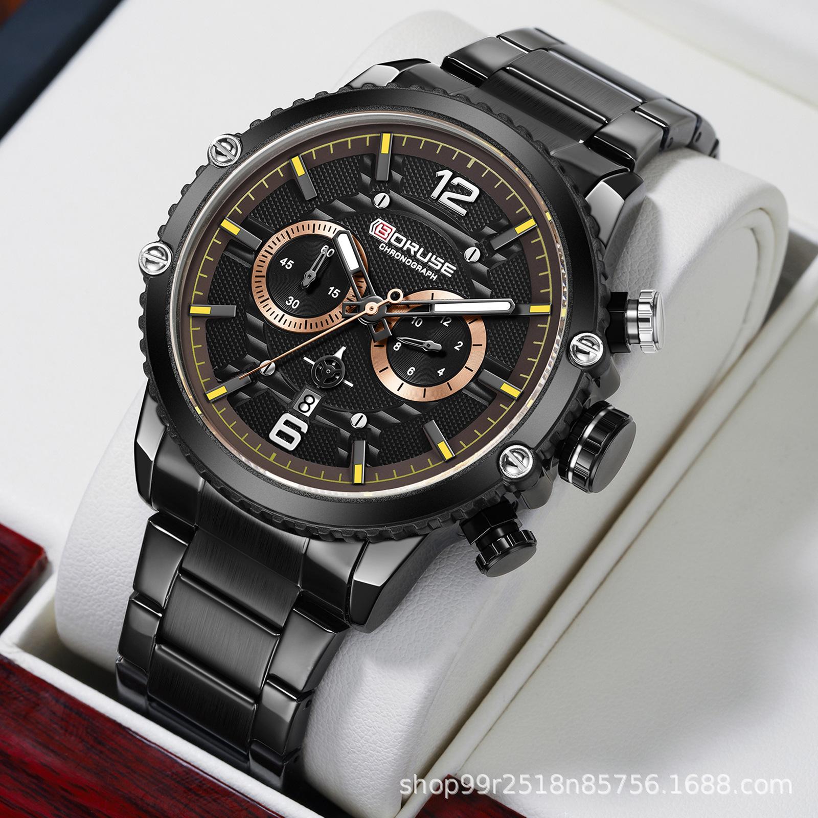 Boruse Men S Steel Strap Watch Fashion Waterproof Luminous Calendar Quartz Watch