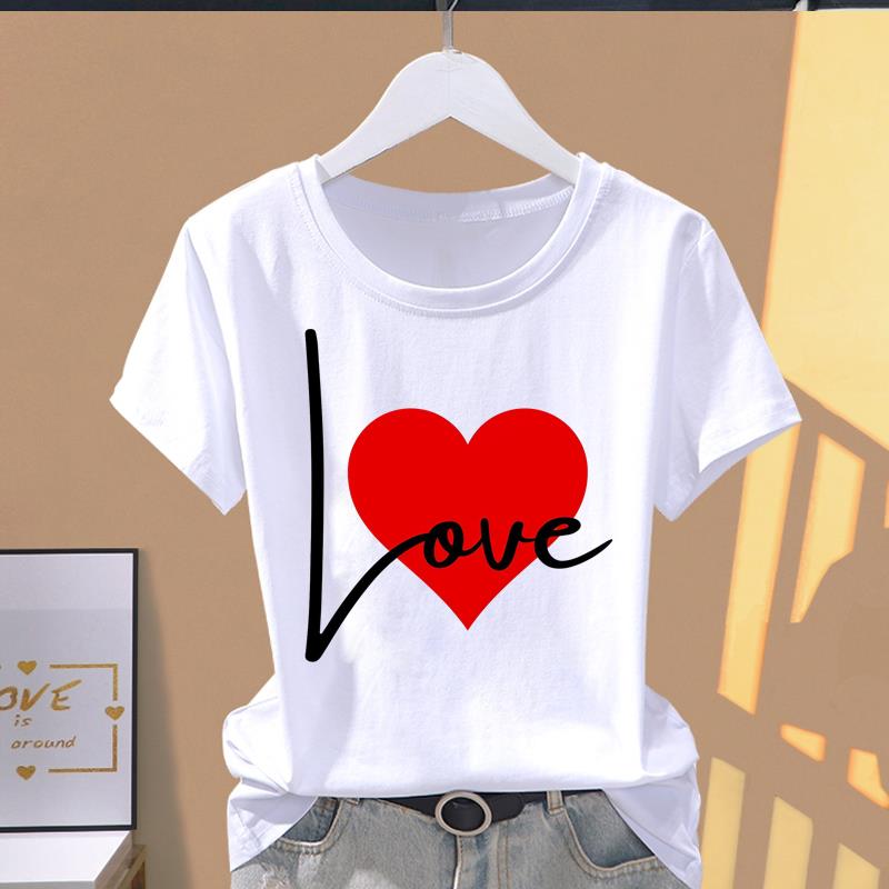 (Asian Size) Top O-neck Tee Fashion Print love style trend Casual Short Sleeve T-shirts T Graphic Female Women's Clothing