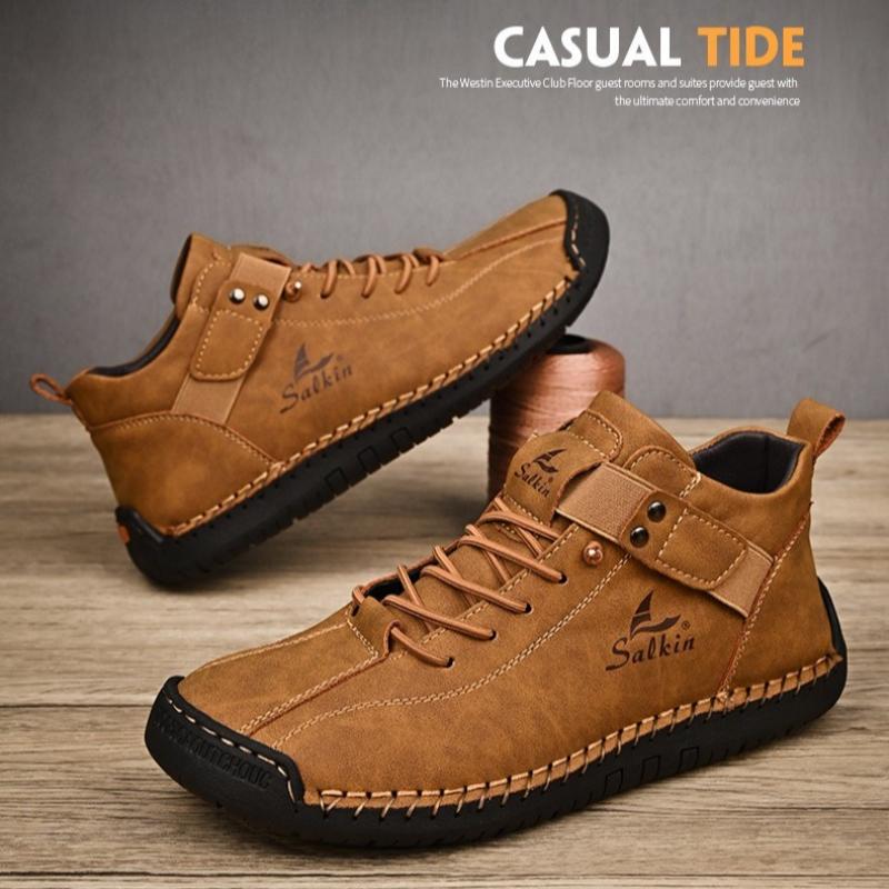 Plus Size Work Boot Men's Handstitched Leather Driving Shoes Mid-Cut Slip-On Flat Sole Casual Loafers Comfortable Work Footwear