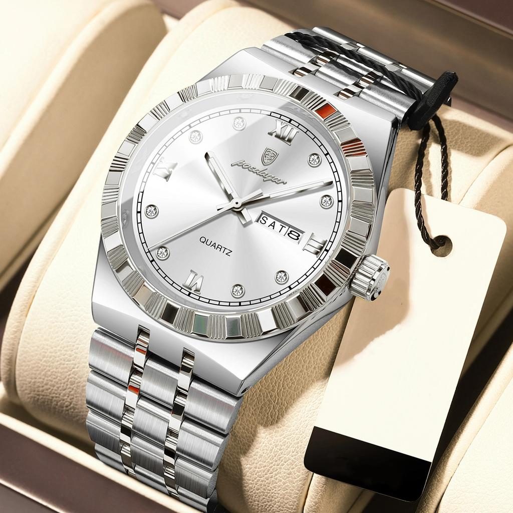 POEDAGAR Original Military Man Wristwatch Quartz Week Date Watch For Men Waterproof Luminous Stainless Steel Men's Watches