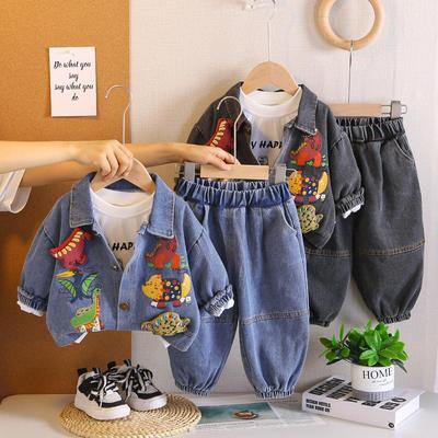 0-5-year-old Boys' Long Sleeved 3-piece Set, Children's Cartoon Printed Denim Jacket, Round Neck White T-shirt, Casual Denim Pants