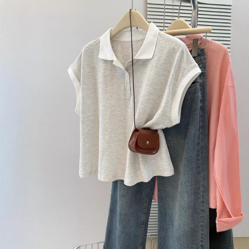 Women Light Grey Contrast White Collar Sleeveless Polo Casual Top S серый