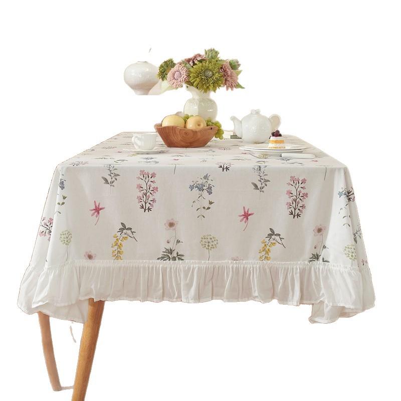 Cotton Printed Small Fresh Green Plant Flowers Leaves Lotus Leaves Edge Fungus Edge Fringed Coffee Table Tablecloth Dining Table Cloth