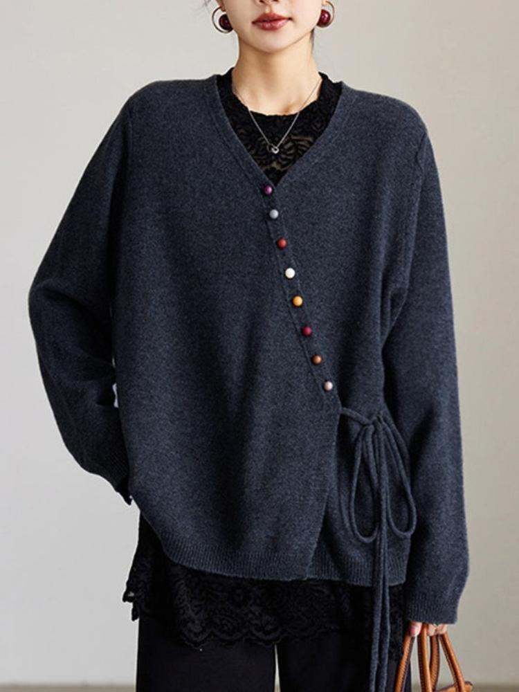 

Женский кардиган из трикотажа светло-зеленого цвета с V-образным вырезом, разноцветными пуговицами и завязками 5XL