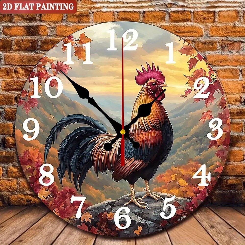 

Rooster Wall Clock. Farmhouse style with autumn scenery for kitchen, living room or bedroom.