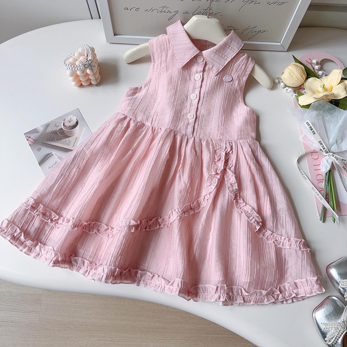 Girls Summer Ruffle Stripe Layered Dress - Sweet Style, Sleeveless with Lapel (BXC015) Size 90