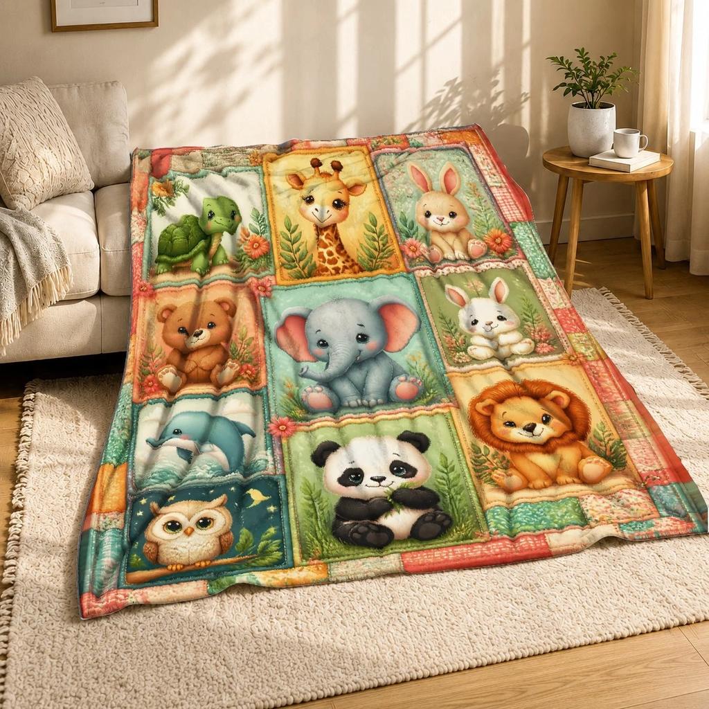 Baby Animal Patchwork Coral Fleece Blanket Nursery Decor