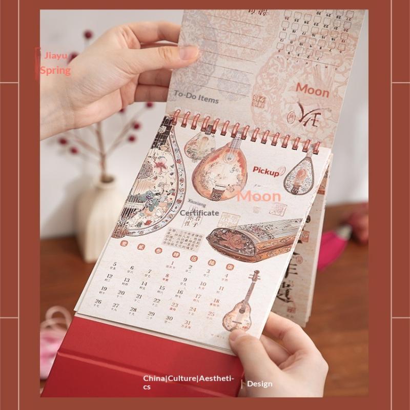 2026 Červený vyřezávaný kalendář Ražený vintage design Rok koně Stolní kalendář Čínský styl Suvenýr Velký kalendář
