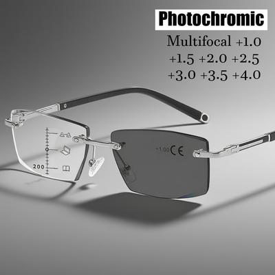 Rimless Pochromic Reading Glasses for Men Women Multifocal Far Sighted Eyewear Retro Anti-blue Light Presbyopia GLasses