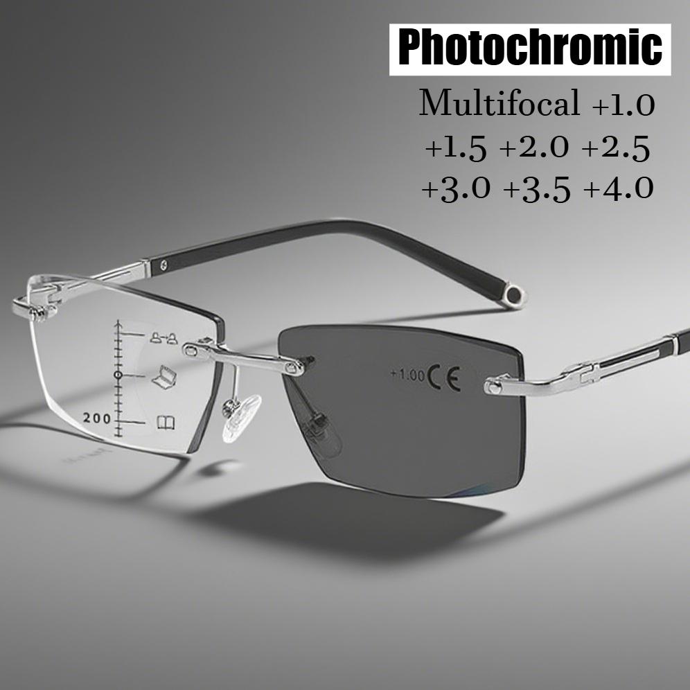 Rimless Pochromic Reading Glasses for Men Women Multifocal Far Sighted Eyewear Retro Anti-blue Light Presbyopia GLasses