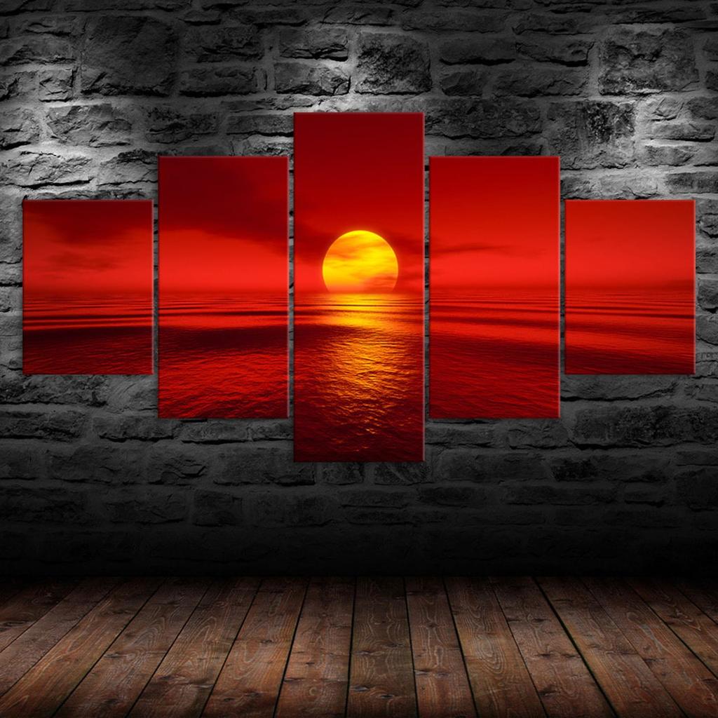 Red Sunset Sea Canvas 5 Piece Five Panel Wall Print Modern Art Poster Picture Home Decor Gift For Him For Her