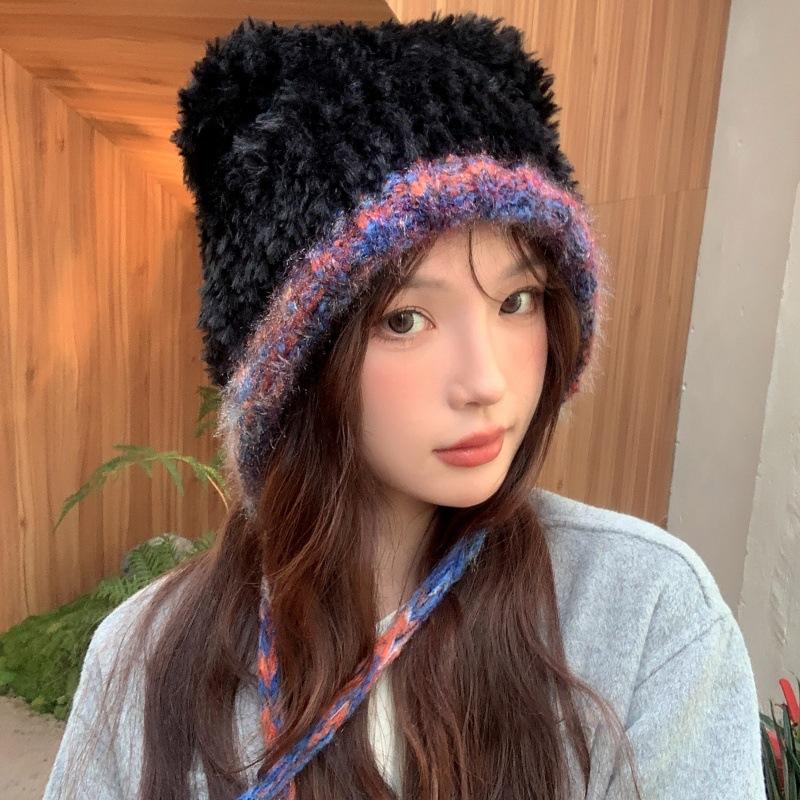 

Female autumn and winter lace-up cute bear plush hat outdoor windproof warm ear protection hat sweet face small knitted hat one size fits all чорний