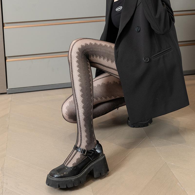 Women's Black Stockings for Spring and Summer, Thin Style with Side Lace Jacquard, White Pantyhose with Vertical Stripes, Black Stockings That Are