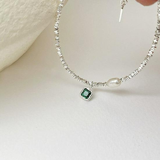 925 Sterling Silver Emerald Square Diamond Clavicle Chain Necklace - Handmade Beaded Jewelry