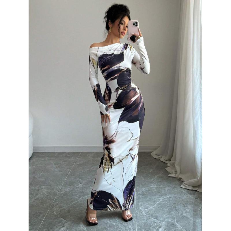 European & American Trendy Long-Sleeve Asymmetrical Neckline Dress