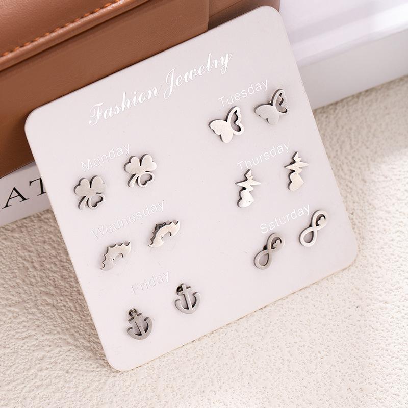 Stainless Steel Animal Love Earrings Do Not Repeat A Week Stud Earrings Set Simple Fashion Women'S Earrings Combination