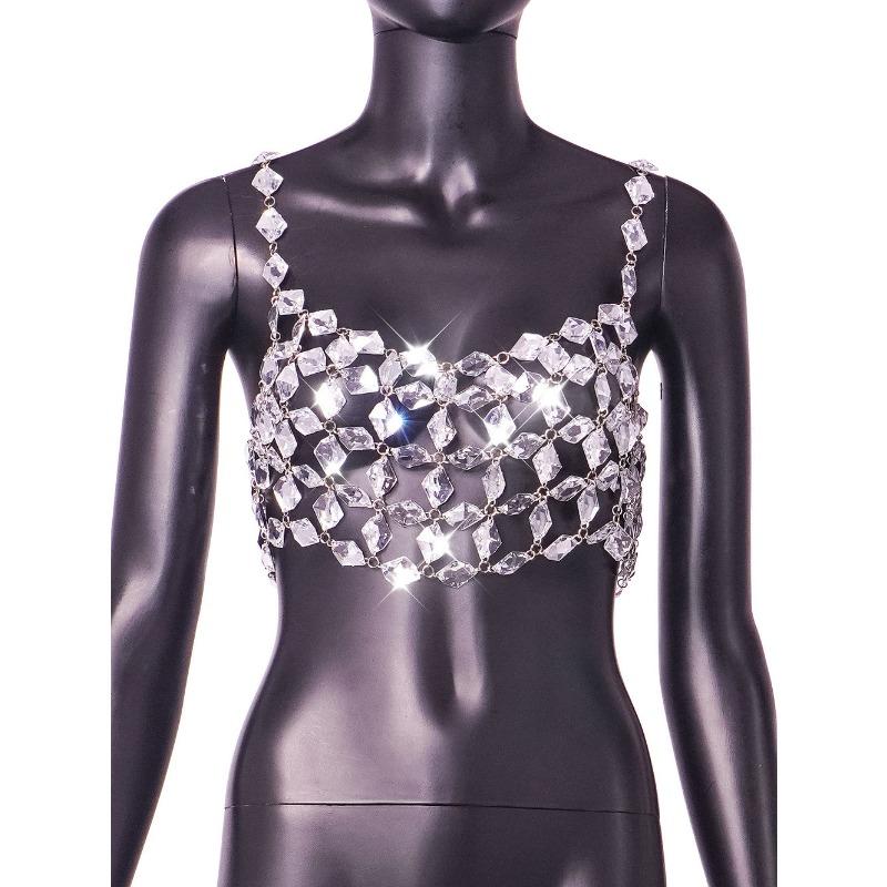 Gold Rhinestone Chain Beaded Crop Top OneSize белый