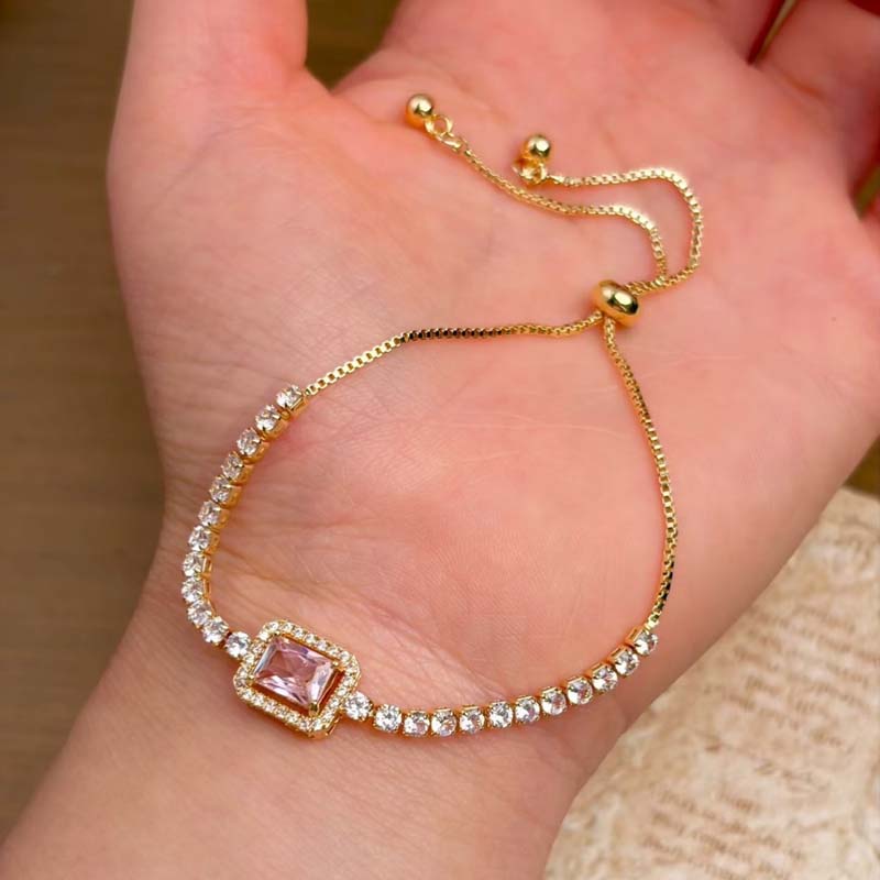 

Exquisite Square Pink Zircon Bracelet for Women Fashion Gold Color Chain Adjustable Pull Bracelet Wedding Jewelry Wholesale
