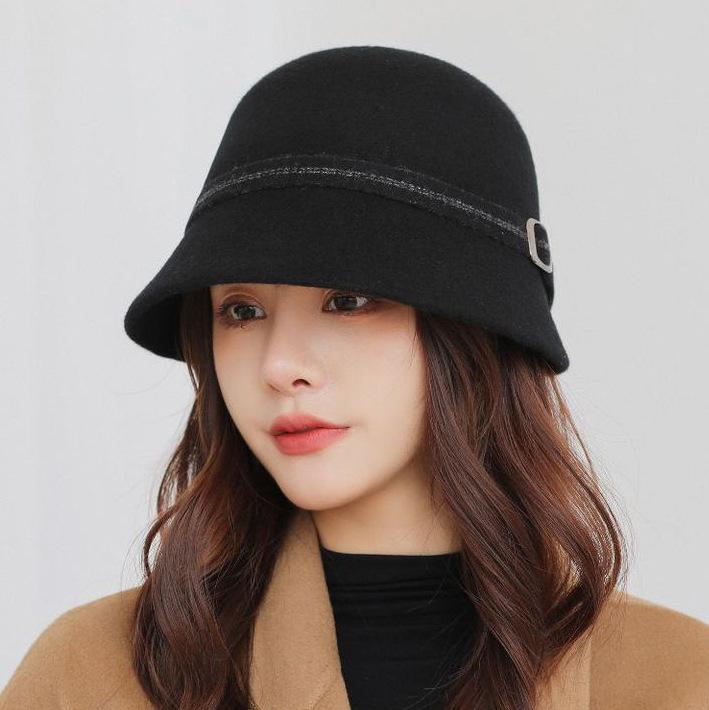 Autumn and winter wool new women's fashion equestrian hat outdoor warmth leisure travel belt buckle small basin hat