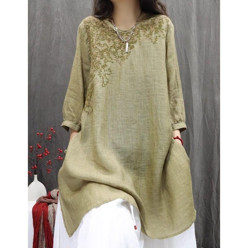 Women Summer Spring Round Neck Half Sleeve Cotton Linen Blend Embroidered Retro Casual Tunic Top