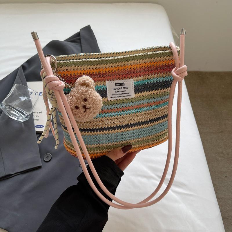 Niche dopamine color woven bag women's new versatile messenger bag vacation beach bucket bag