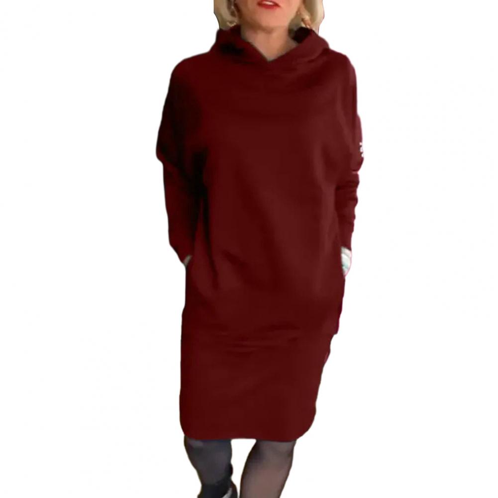 Women Dress Hooded Loose Solid Color Long Sleeve Pullover Knee Length Thick Warm Casual Fall Spring Midi Dress