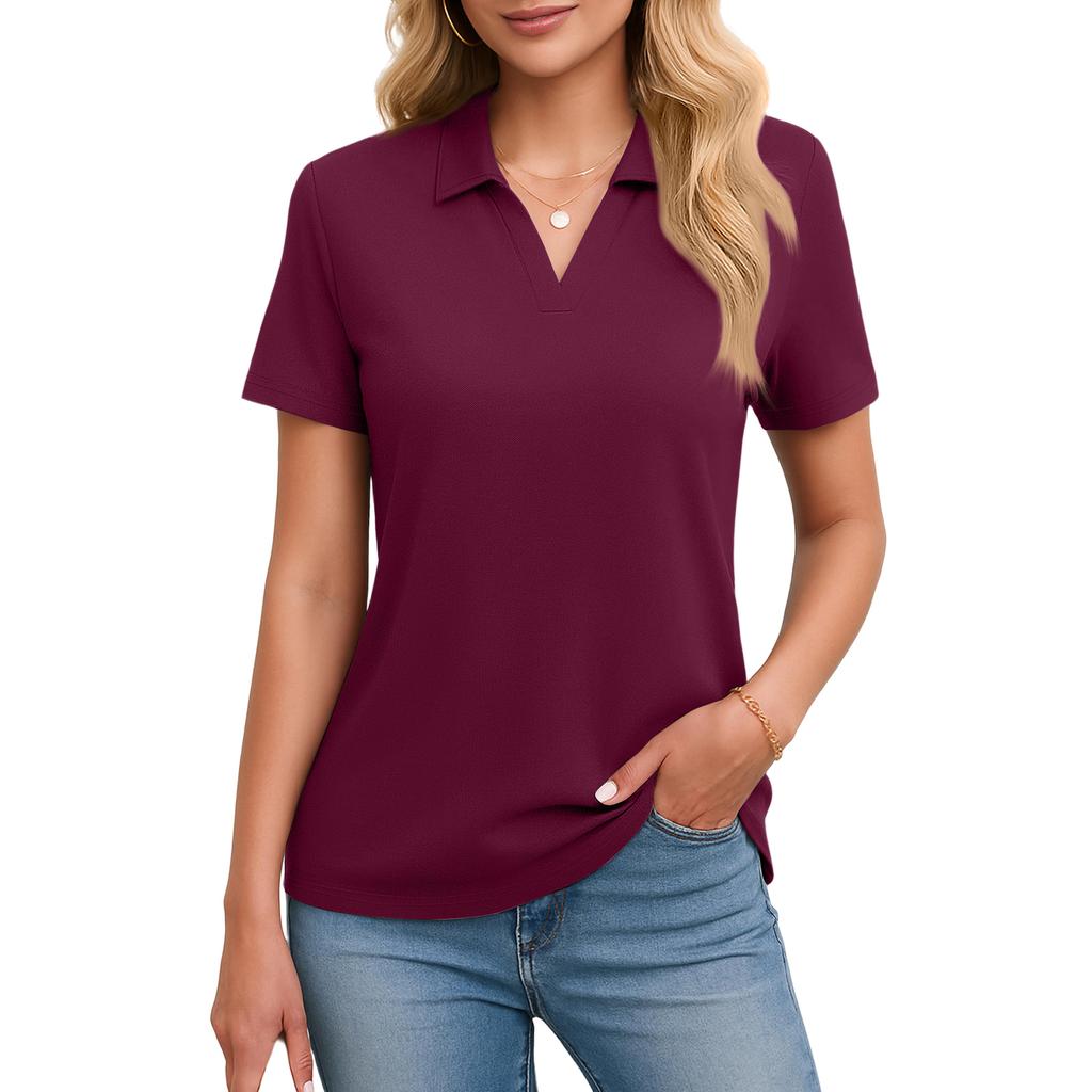 Women's Short Sleeves T Shirts Summer V Neck Shirts Collared Casual Basic Tees Blouse