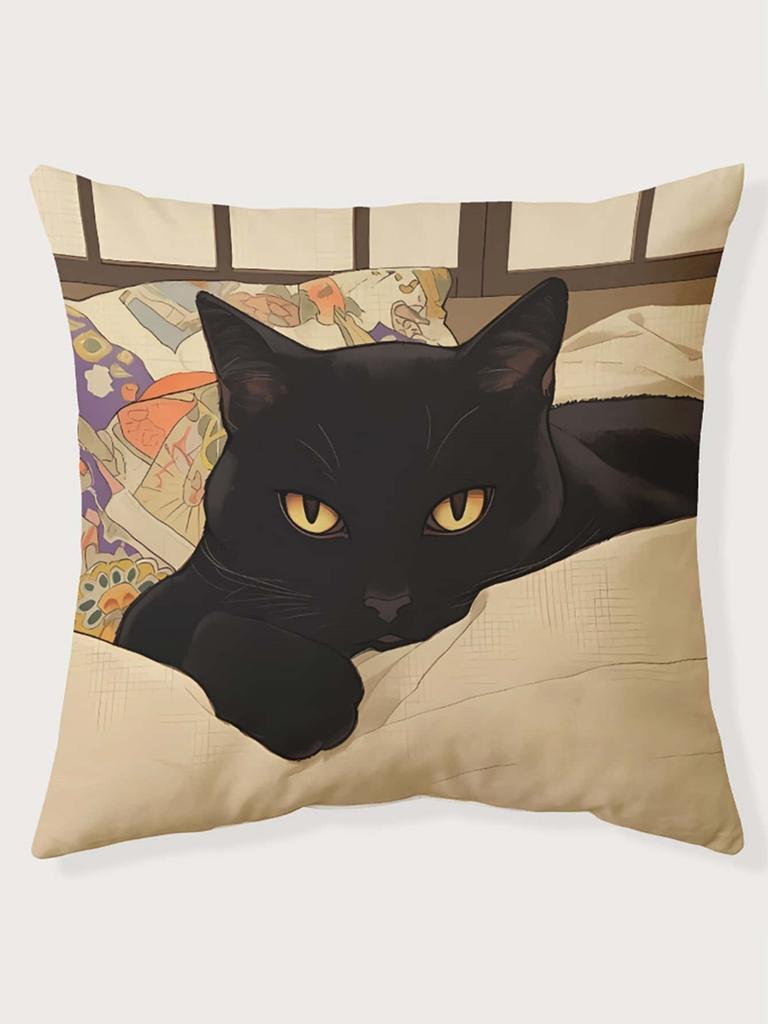 Black Cat Print Throw Pillow Cover, Cushion Case For Sofa Bedroom Living Room Couch Bed Office Chair Home Decor